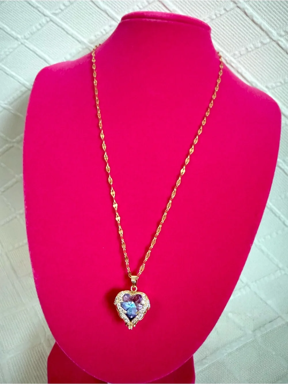 Gold Heart Pendant Necklace with Iridescent Pink Crystal
